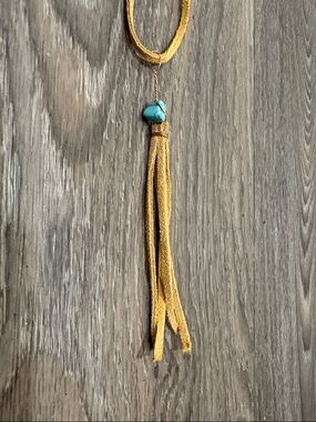 Suede Tassel tie on Necklace with Turquoise Accent - Mustard